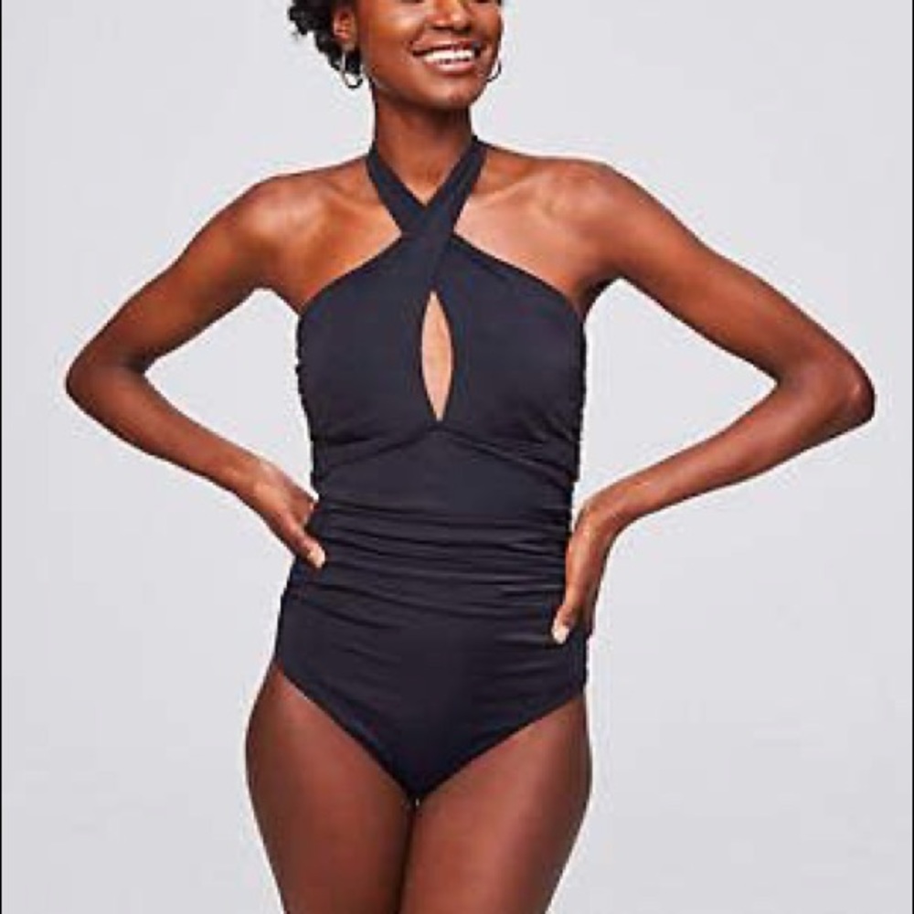 LOFT Beach Black Halter One Piece Keyhole Swimsuit